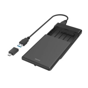 Hama Essential Carcasa Externa para Ssd y HDD de 2.5" - Cable USB-A de 50cm - Velocidad hasta 5Gbps - Adaptador USB-C - 13.3x8.7x1.6cm - Color Negro