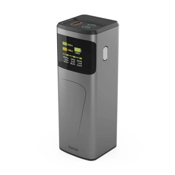 Hama High Power Bateria Externa Powerbank 24000mAh - Potencia 200W - USB-C - USB-A - Power Delivery - Pantalla TFT - Indicador de Carga - 3 Conexiones de Salida - 56.27x160x56.27mm - Color Gris