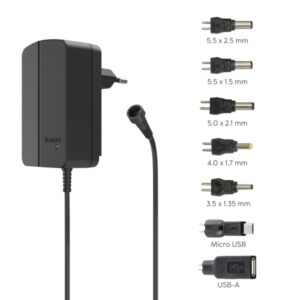 Hama Fuente de Alimentacion Multidispositivo - Potencia 18W - Voltaje 12V - Indicador LED - 7 Adaptadores - Intensidad Maxima 1.5A - Voltaje Ajustable - Color Negro