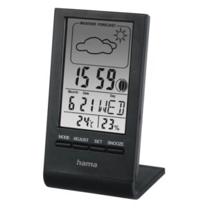 Hama Medidor de Temperatura y Humedad para Interior - Pantalla Digital - Reloj - Prevision Meteorologica - Visualizacion de Fases Lunares - 5.7x5x10.8cm - Color Negro