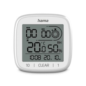 Hama Chipre Reloj Digital con Ventosa - Termometro - Higrometro - IPX4 - Funcion Cuenta Atras - Fecha - 11x11x4.5cm - Color Blanco
