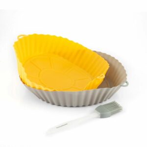 Innovagoods Mollicon Pack de 2 Cestas de Silicona para Freidoras de Aire - Antiadherente - Apto Lavavajillas - Libre de BPA - Facil Limpieza - Pincel - 24.5x4.5x21.5cm - Color Gris y Naranja