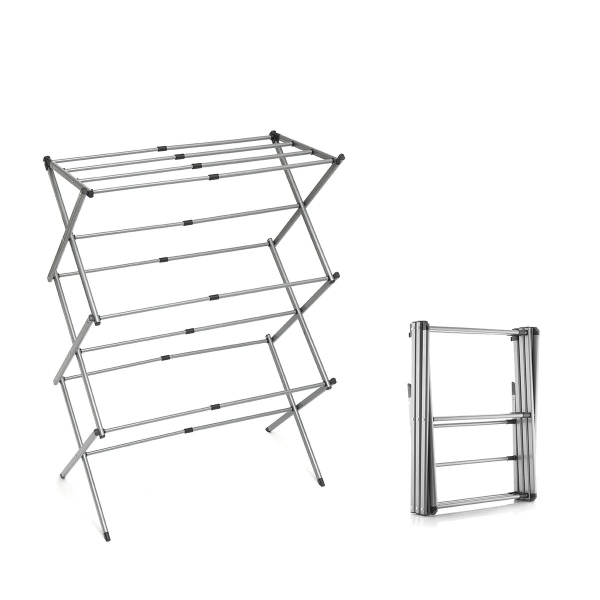 Innovagoods Cloxy Tendedero Metalico Extensible con 3 Alturas - 11 Barras - Soporta hasta 12kg - Plegable - Resistente al Agua - 43x10x38cm - Color Gris