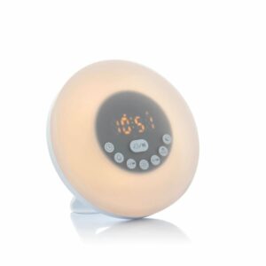 Innovagoods Sunrilk Despertador Inalambrico con Altavoz - Bluetooth - Radio Fm - Bateria 1200mAh - Cable 100cm - Pantalla LCD - Recargable - Temporizador - 16x9cm - Color Blanco