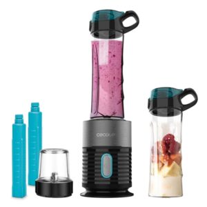 Cecotec Power Titanium Fresh and Go Batidora de Vaso - 650W -  2 Vasos de 600ml - Tubos Refrigeradores Incluidos - 4 Cuchillas Recubiertas de Titanio - Picahielos - Color Negro y Gris