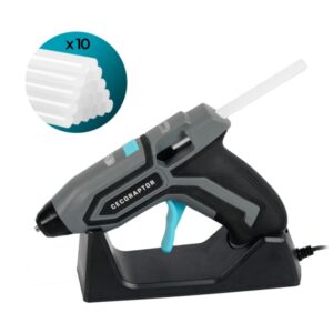 Cecotec CecoRaptor Perfect Fix 360 X‑Treme Pistola de Cola Termofusible - Autonomia 30min - Base de Carga - Bateria 1.5Ah 3.7V - Incluye 10 Barras - Apagado Automatico - Color Negro y Gris