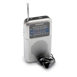 Daewoo DW1008 Radio Portatil AM/FM - Antena Telescopica y Sintonizacion Analogica Precisa - Altavoz Integrado - Salida Auriculares Jack 3.5mm - Compacto y Ligero para Uso Diario - Color Plata