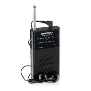 Daewoo Radio AM/FM - Alimentacion a Pilas - Jack 3.5mm - Antena Telescopica - Altavoz Integrado - 130x70x28mm - Color Negro