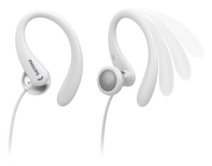 Philips Auriculares Intraurales Deportivos - Cable de 1.2m - Jack 3.5mm - IPX2 - Microfono Integrado - Gancho de Oreja - Altavoz 15mm - Boton Multifuncion - Color Blanco