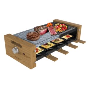 Cecotec Cheese and Grill 8400 Wood MixGrill Raclette - 1200W - 8 Sartenes Antiadherentes - Grill y Plancha - Termostato - Placas Antiadherentes de Acero y Piedra Extraibles - Color Madera Claro