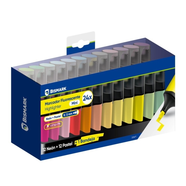Bismark Long-Life Set de Mesa con 24 Mini Marcadores Fluorescentes - 12x Neon y 12x Pastel - Tinta de Secado Rapido - Punta Biselada - Ideal para Subrayar y Resaltar - Diseño Ergonomico - Alta Durabilidad