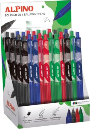 Alpino Dot Expositor con 24 Boligrafos Retractiles - Punta 1mm - Agarre Suave - Colores Surtidos