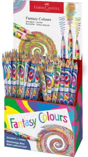 Faber-Castell Fantasia Expositor con 84 Lapices con Mina Multicolor - Modelos Standard y Jumbo - Cuerpo Triangular Decorado - Madera de Bosques Sostenibles