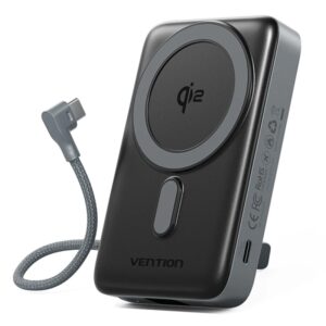 Vention Powerbank de 10000mAh - Potencia de Salida hasta 25W - Cable USB-C Integrado - Entrada y Salida USB-C - Carga Inalambrica - Pantalla LED - Color Gris