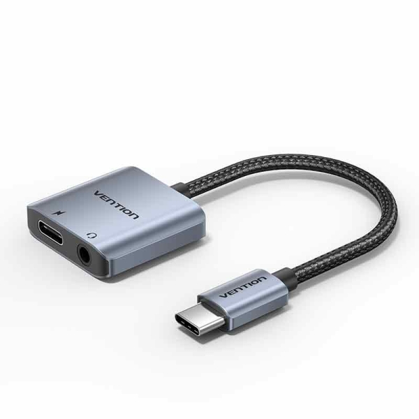 Vention Adapatador de Audio DAC - USB-C Macho - Jack 3.5mm Hembra - USB-C Hembra - Power Delivery 60W - Cable 10cm - Aluminio - Color Gris