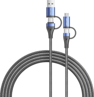 Vention Cable USB-C - Potencia hasta 100W - Longitud 2m - Adaptador USB-A - Adaptador Micro-USB - Velocidad hasta 480Mbps - Recubrimiento de Algodon Trenzado - Color Azul