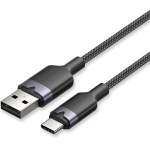 Vention Cable USB 2.0 - Potencia hasta 60W - Longitud 2m - USB-A - USB-C - Velocidad hasta 480Mbps - Recubrimiento de Algodon Trenzado - Color Negro