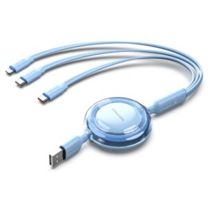 Vention Cable USB Multiple - Longitud Ajustable hasta 1.1m - Retractil - USB-A - 2xUSB-C - Lightning - Velocidad hasta 480Mbps - Color Azul