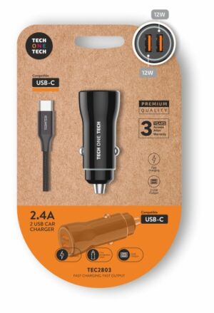 TechOneTech Cargador Doble de Coche + Cable USB-A a USB-C - Alto Rendimiento