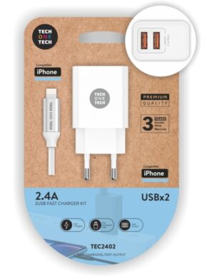 TechOneTech Cargador Doble de Pared + Cable USB-A a Lightning 1m - Recubierto de Nylon Trenzado Blanco