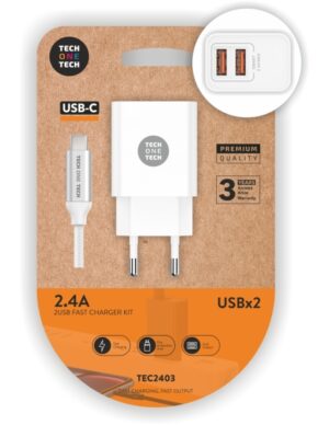 TechOneTech Cargador Doble de Pared + Cable USB-A a USB-C 1m - Recubierto de Nylon Trenzado Blanco