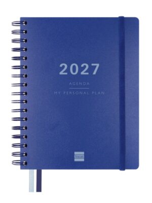 Finocam Tempus Agenda de Espiral - 16 Meses - Semana Vista Vertical - Formato 4º - 155x217mm - Tapas de Polipropileno - Papel Crema de 80g/m2 - Goma Elastica - Adhesivos Tematicos - Color Azul