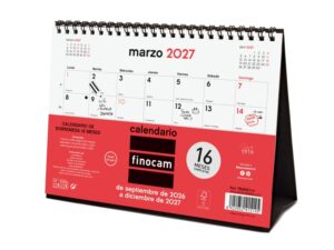 Finocam Neutro Calendario de Sobremesa - 16 Meses - Mes Vista - Formato S - 210x150mm - Espiral Doble Metalica - Papel de 120g/m2 - Listado de Festivos - Color Rojo/Blanco