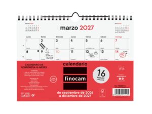 Finocam Neutro Calendario de Pared - 16 Meses - Mes Vista - Formato S - 210x150mm - Espiral Doble Metalica - Papel de 120g/m2 - Listado de Festivos - Color Rojo/Blanco