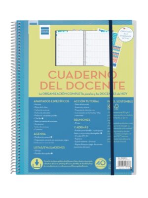 Finocam Organizacion Agenda sin Fechar para Docentes - Semana Vista - 230x310mm - Tapas de Polipropileno - Papel de 80g/m2 - Espiral de Plastico - Adhesivos Tematicos - Color Azul