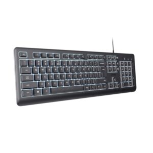 Trust Primo Teclado de Formato Completo con Cable USB-C - Retroiluminacion LED - Proteccion contra Derrames - 104 Teclas Silenciosas - Adaptador USB-A - 22x184x436mm - Color Negro