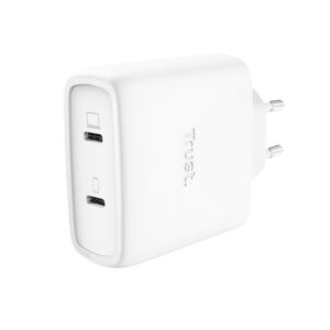 Trust Maxo Cargador de Pared - 65W - GaN - 2xUSB-C - Cable USB-C de 2m - Power Delivery - Plastico Reciclado - 30x63x97mm - Color Blanco