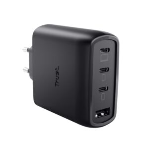 Trust Maxo Cargador de Pared - 65W - GaN - 3xUSB-C - USB-A - Cable USB-C de 2m - Power Delivery - Plastico Reciclado - 30x63x97mm - Color Negro