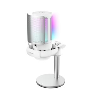 Trust GXT 238W Auron Microfono de Estudio - Cable USB-C 1.8m - Adapatador USB-A - Filtro Antipop de Rejilla - Iluminacion RGB - 85x120x215mm - Color Blanco