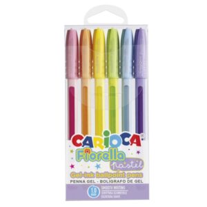 Carioca Fiorella Pack de 6 Boligrafos de Colores Tinta Gel - Punta de Bola 1mm - Cuerpo Transparente Pastel - Colores Pastel Surtidos