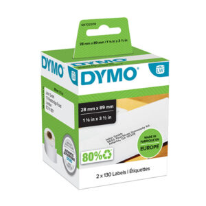 Dymo 99010 Pack de 2 Rollos de Etiquetas Original para Rotuladora - 130 Etiquetas por Rollo - Medidas 28mm x 89mm - Color Blanco