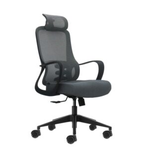 Oqonos Cherg 005 Silla de Oficina Ergonomica con Reposacabezas Cervical Ajustable, Respaldo de Malla Transpirable, Piston de Gas Clase 4, Soporte Lumbar, Reposabrazos Fijos, Asiento Ergonomico Moldeado y Ruedas de Silicona - Gris con Estructura Negra