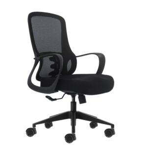 Oqonos Cherg 006 Silla de Oficina Ergonomica con Respaldo de Malla Transpirable, Piston de Gas Clase 4, Soporte Lumbar, Reposabrazos Fijos, Asiento Ergonomico Moldeado y Ruedas de Silicona - Negro
