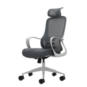 Oqonos Cherg 008 Silla de Oficina Ergonomica con Reposacabezas Cervical Ajustable, Respaldo de Malla Transpirable, Piston de Gas Clase 4, Soporte Lumbar, Reposabrazos Fijos, Asiento Ergonomico Moldeado y Ruedas de Silicona - Gris