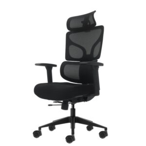 Oqonos Cherg 010 Silla de Oficina Ergonomica con Reposacabezas Cervical Ajustable, Respaldo y Asiento de Malla Elastica, Reposabrazos 4D, Asiento Deslizable Ergonomico Moldeado y Ruedas de Silicona - Negro