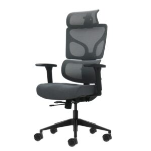 Oqonos Cherg 011 Silla de Oficina Ergonomica con Reposacabezas Cervical Ajustable, Respaldo y Asiento de Malla Elastica, Reposabrazos 4D, Asiento Deslizable Ergonomico Moldeado y Ruedas de Silicona - Gris con Estructura Negra
