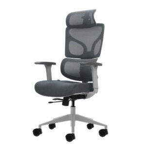 Oqonos Cherg 014 Silla de Oficina Ergonomica con Reposacabezas Cervical Ajustable, Respaldo y Asiento de Malla Elastica, Reposabrazos 4D, Asiento Deslizable Ergonomico Moldeado y Ruedas de Silicona - Gris