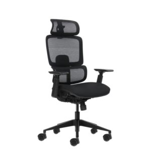 Oqonos Cherg 027 Silla de Oficina Ergonomica con Reposacabezas Cervical Ajustable, Respaldo y Asiento de Malla Elastica, Respaldo Regulable en Altura, Lumbar Ajustable, Reposabrazos 4D y Ruedas de Silicona - Negro