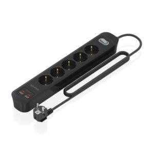 Aisens Regleta con 5 Tomas Schuko - 2xUSB-C - 2xUSB-A - Cable de 1.4m - Interruptor con Indicador LED - Power Delivery - Qualcomm 3.0 - Color Negro