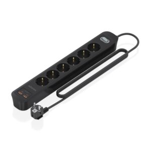 Aisens Regleta con 6 Tomas Schuko - 2xUSB-C - 2xUSB-A - Cable de 1.4m - Interruptor con Indicador LED - Power Delivery - Qualcomm 3.0 - Color Negro