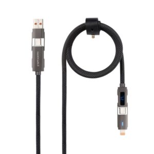 Nanocable Cable USB-C 4 en 1 - Soporta hasta 27W - Longitud 1m - Adaptador USB-A y Lightning Integrado - Pantalla Digital - Algodon Trenzado - Color Negro