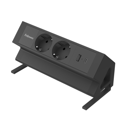 Fellowes Regleta de Sobremesa de 2 Tomas - USB-A - USB-C - Cable 2m - Abrazadera para Escritorios de 10 a 45mm - 8.75x19.64x9.7cm - Color Negro