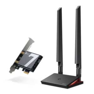 TP-Link Archer TBE550E Adaptador de Red PCI - Base con LED - Bluetooth - Velocidad 9.3Gbps - WiFi 7 Tribanda - 2 Antenas Multidireccionales - Seguridad Avanzada - Color Negro