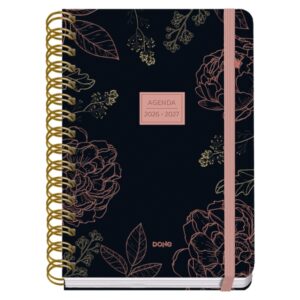 Dohe Premium Noir Agenda Escolar 26/27 - Formato A5 - Dia Pagina - Papel Offset Ahuesado 80g - Cubierta de Carton Plastificado - Espiral Metalica Doble - Goma - 15x21x4cm - Color Negro