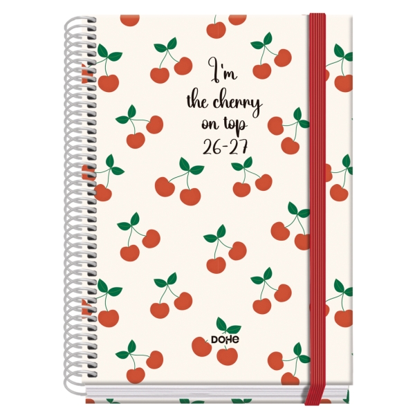 Dohe Prime Cerezas Agenda Escolar 26/27 - Formato A5 - Semana Vista - Papel Offset Ahuesado 70g - Cubierta de Carton Plastificado - Espiral - Goma - 15x21x2cm - Multicolor