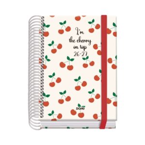 Dohe Prime Cerezas Agenda Escolar 26/27 - Formato A6 - Dia Pagina - Papel Offset Ahuesado 70g - Cubierta de Carton Plastificado - Espiral - Goma - 12x17x3cm - Multicolor